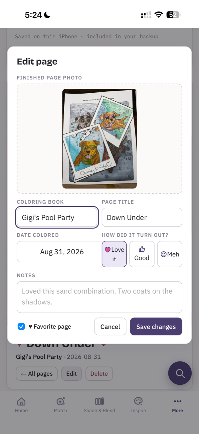 3XC Coloring Gallery — iPhone screenshot showing edit page modal for Gigi's Pool Party finished artwork featuring four polaroid-style colored dog portraits