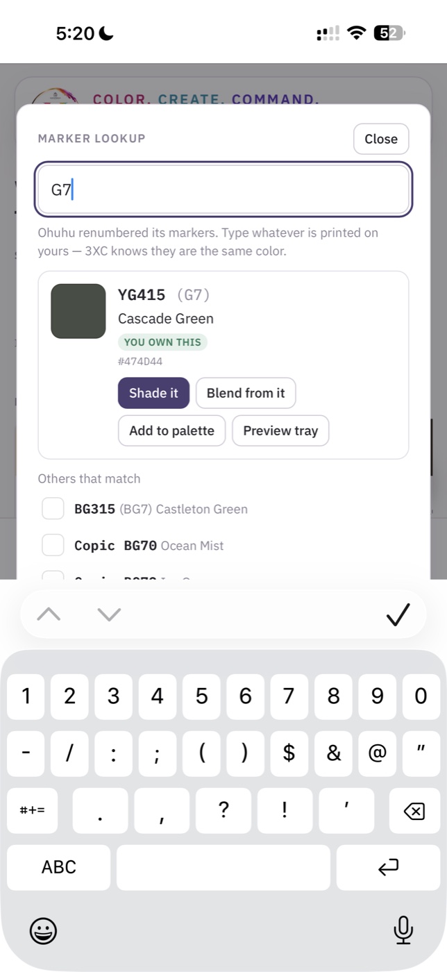 3XC Marker Lookup — iPhone screenshot showing search for G7 returning YG415 Cascade Green with YOU OWN THIS indicator and Shade/Blend/Palette/Preview actions