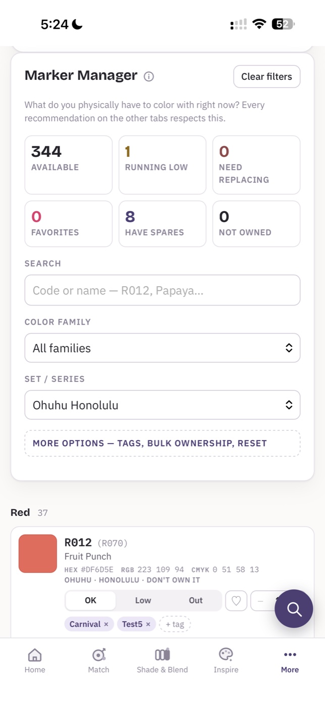 3XC Marker Manager — iPhone screenshot showing 344 Available, 1 Running Low, 0 Need Replacing, 0 Favorites, 8 Have Spares, 0 Not Owned, with color family and set filters