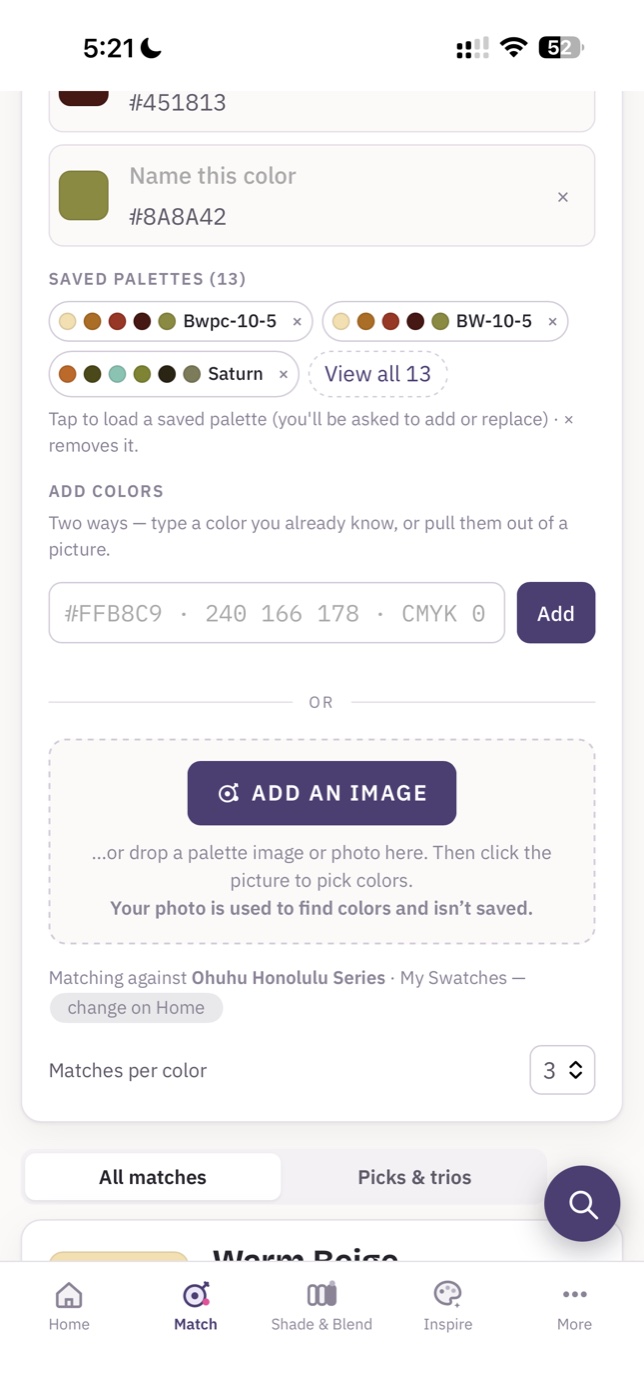 3XC Match a Palette — iPhone screenshot showing saved palettes, color input, and Add An Image upload area for matching inspiration to markers you own
