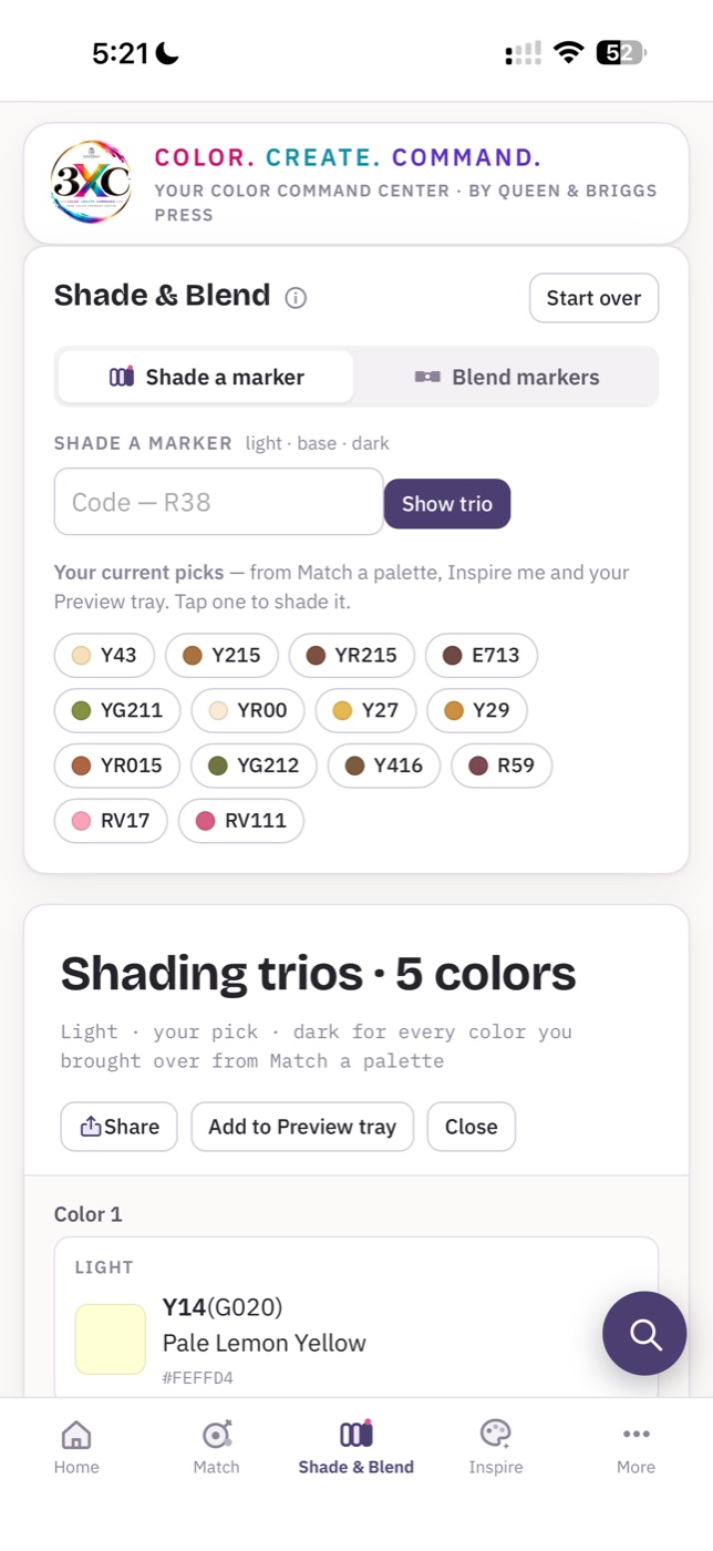 3XC Shade and Blend — iPhone screenshot showing marker code input, current picks grid, and Shading trios with Light base dark gradient colors